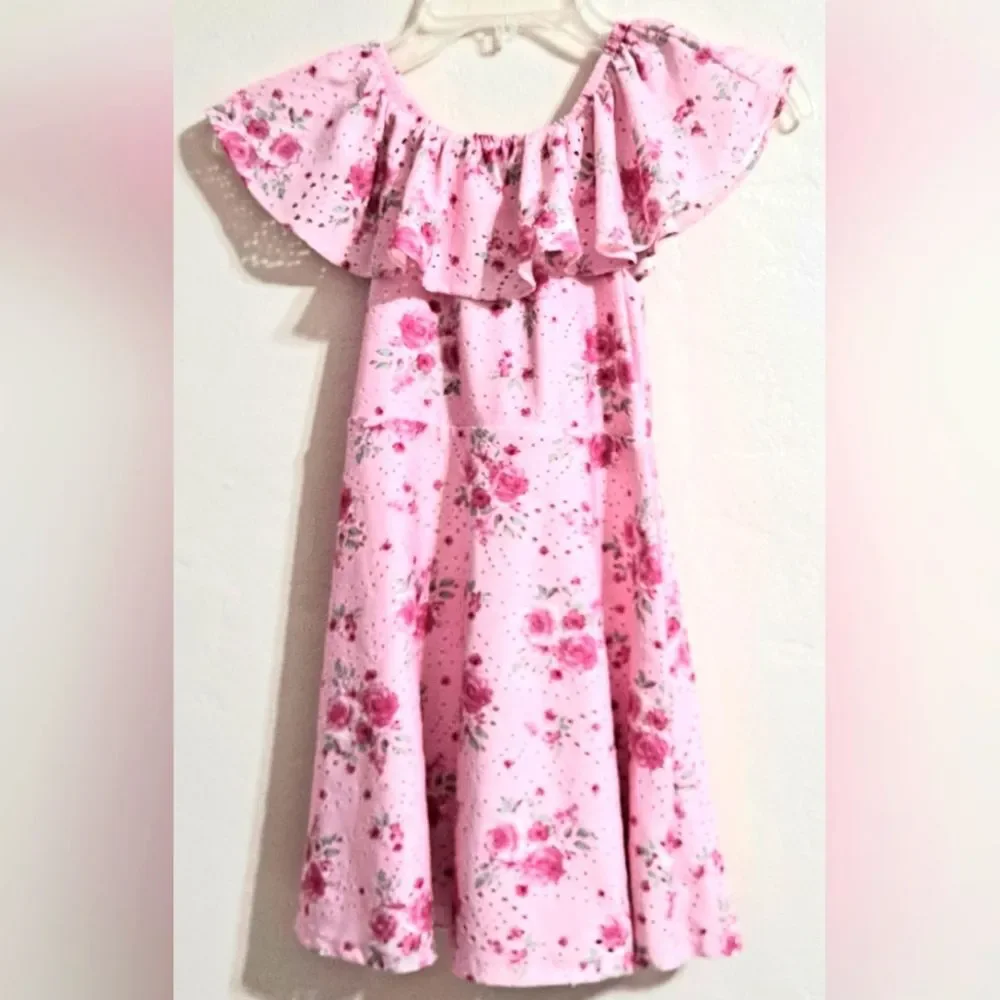 Girls Pink Ruched Tiered Sundress Off-Shoulder Eyelet Built In Slip EUC